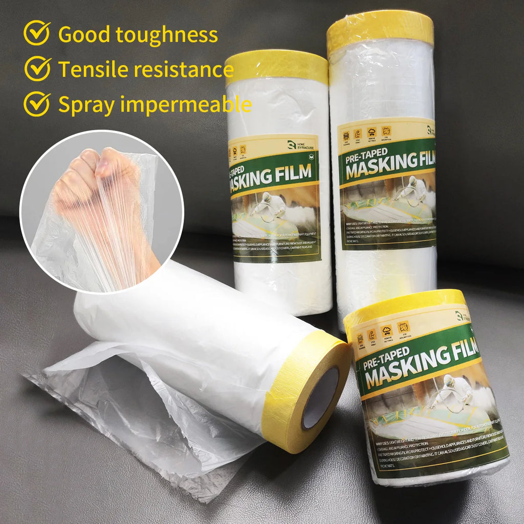 Pre-Taped Masking Film, Paint Adhesive Protective Film Roll for Covering Skirting, Frames, Cars and Auto Body Qme