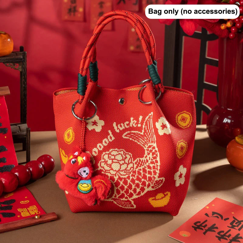 New 2026 Horse Year Cartoon Mascot Pony Knitted Bucket Bag For Women Fashion Large Capacity Portable Handbag New Year Gift Qme