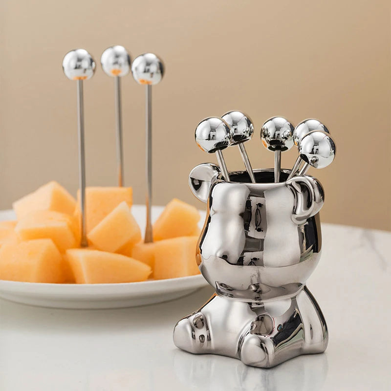 6Pcs Stainless Steel Dessert Forks With Storage Jar Cute Bear Utensils For Party Dessert Fruit Pickle Fruit Salad Tasting. Qme
