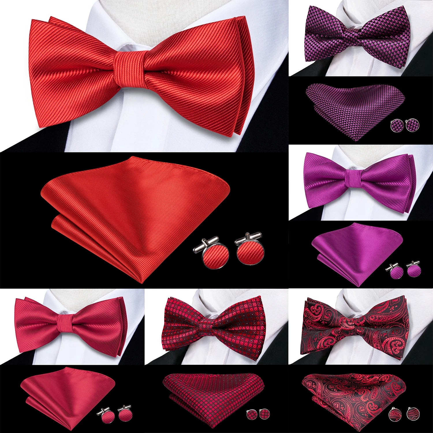 Rose Red Burgundy Maroon Silk Mens Bow Tie Hanky Cufflinks Set Jacquard Pre-tied Butterfly Knot Bowtie for Male Wedding Business Qme