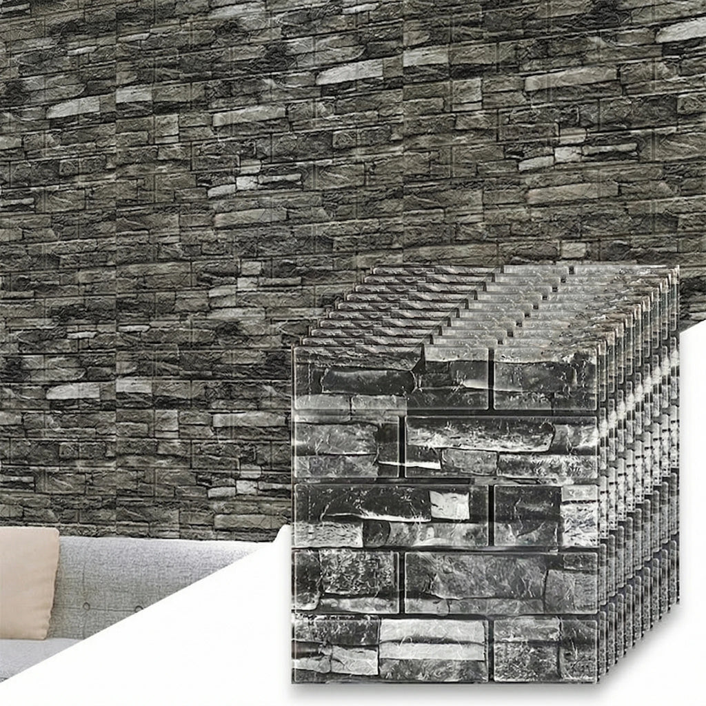 Waterproof Self Adhesive 3D Grey Brick Wallpaper 10Pcs 38.5cmx35cm Stain Resistant Wall Sticker Kitchen Indoor Home Wall Decor Qme retro black 38x35 10pcs