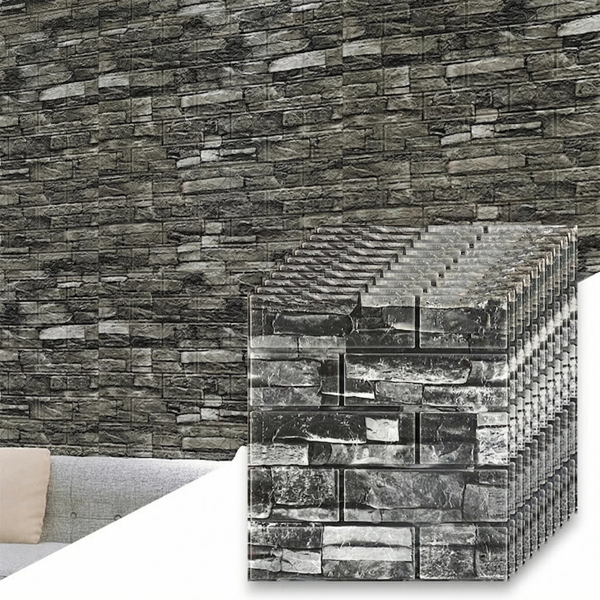 Waterproof Self Adhesive 3D Grey Brick Wallpaper 10Pcs 38.5cmx35cm Stain Resistant Wall Sticker Kitchen Indoor Home Wall Decor Qme retro black 38x35 10pcs