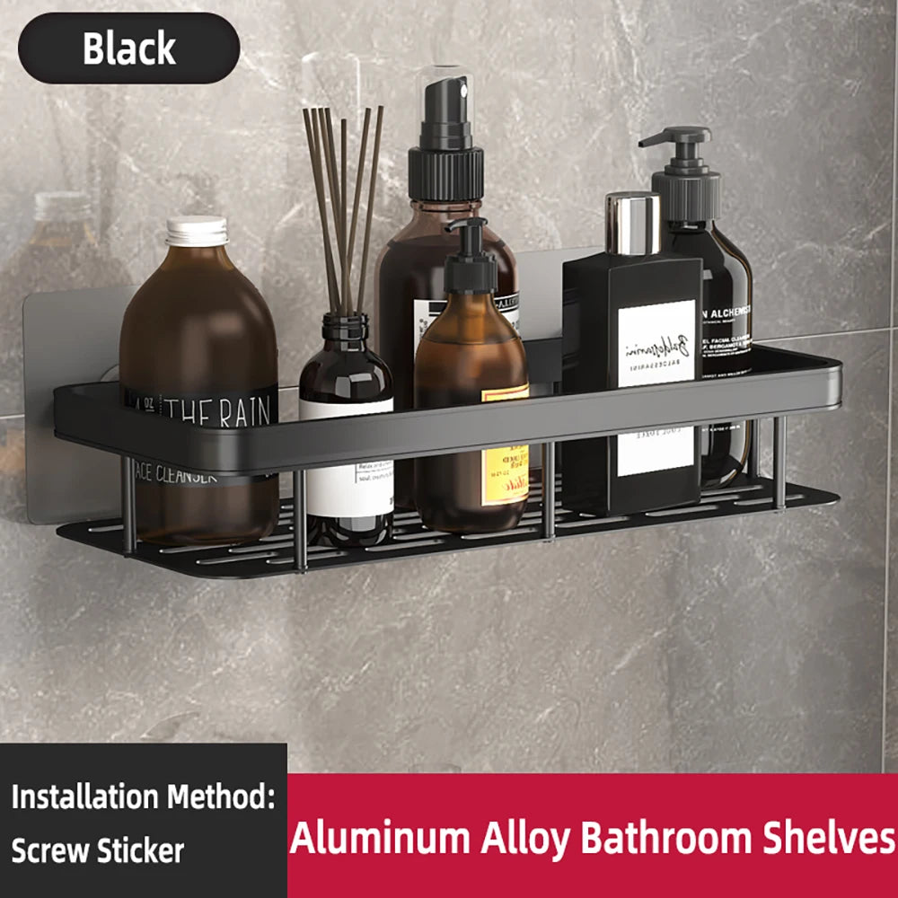 High Quality Wall Mounted Rectangular Rack Bathroom Storage Rack Towel Rack Wall Shower Shampoo Rack Drill Free Rack Tripod Qme Black-B-1PCS