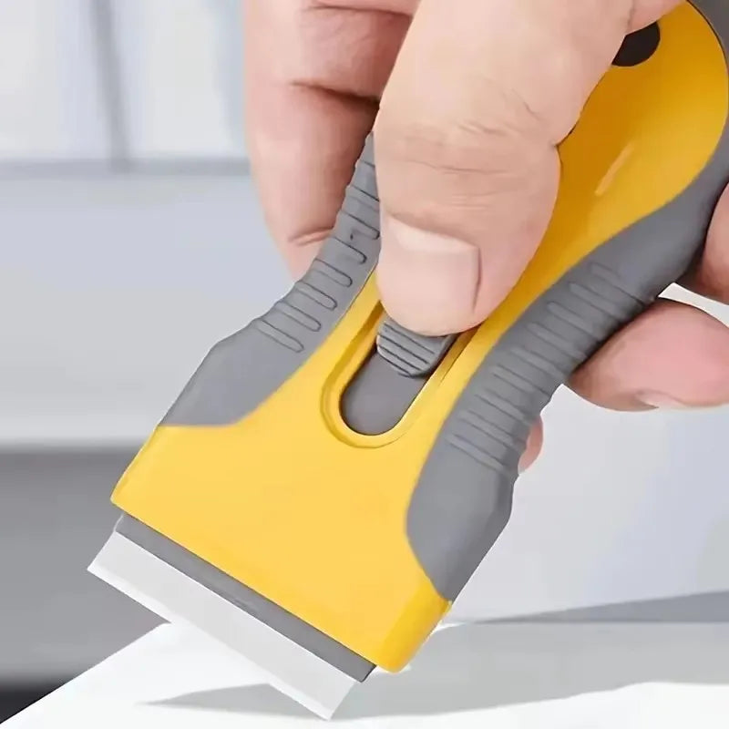 Ceramic glass scraper with retractable adjustable handle for removing labels, stickers from stoves, kitchens, and bathrooms Qme