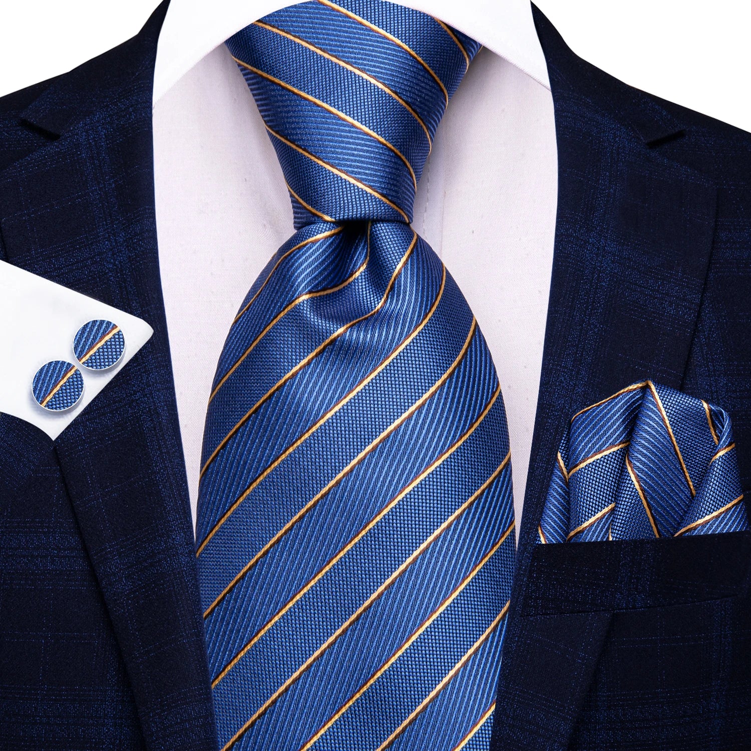 Hi-tie Navy Blue Fashion Mens Elegant Tie Handkerchief Cufflinks