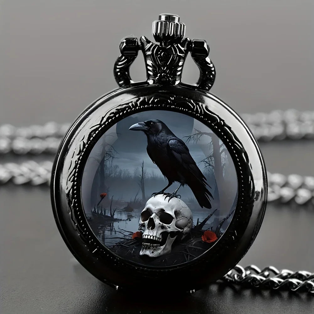 Vintage Gothic Crow & Skull Pattern Design,with Black Chain, Quartz Movement, Mini Size Retro Pocket for Halloween Gift Qme black