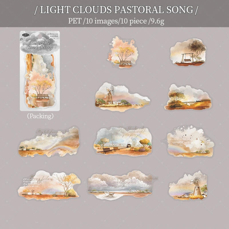 6 Designs Scenery Under Clouds Theme PET Stickers for Scrapbooking DIY Frame Collage Decoration laptop Phone Qme 6