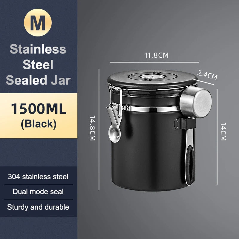 1 2 5 Coffee Bean Jar Airtight Canister Sealed Stainless Steel Spoon Qme 1500ml Black