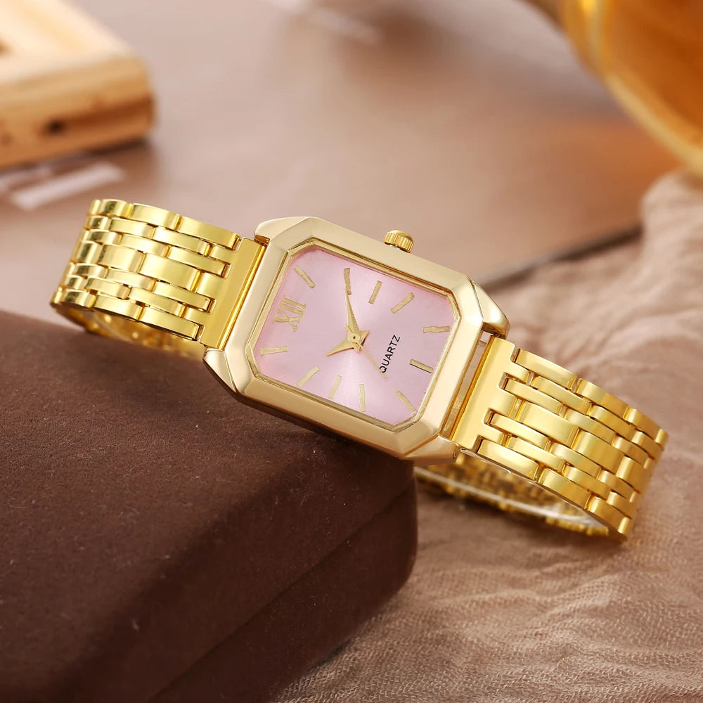 New Trendy Square Women's Watch Gold Watch Women's Watch Steel Belt Women's Watch 1pcs Qme 6