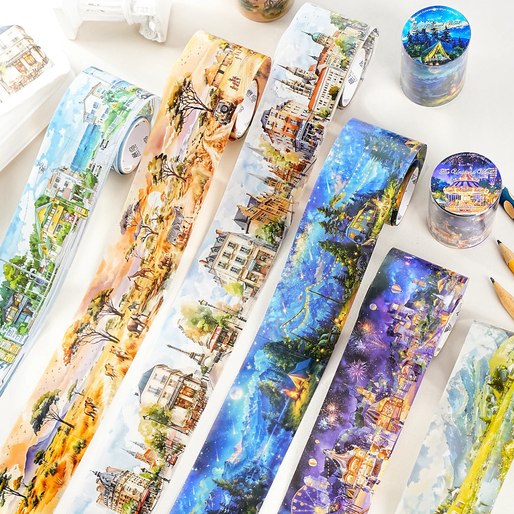 Watercolor Landscape Theme PET Tape 1 Roll for Scrapbooking DIY Scrapbook Collage Material Phone Case Notebook Decoration Qme