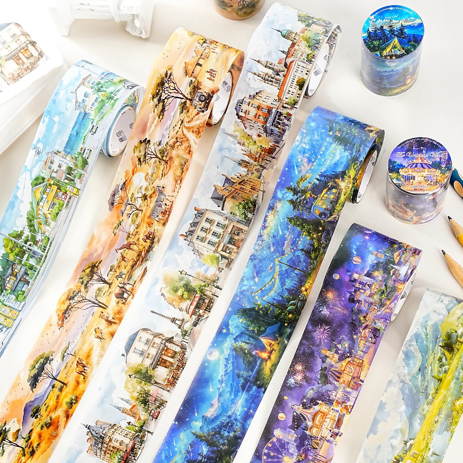 Watercolor Landscape Theme PET Tape 1 Roll for Scrapbooking DIY Scrapbook Collage Material Phone Case Notebook Decoration Qme