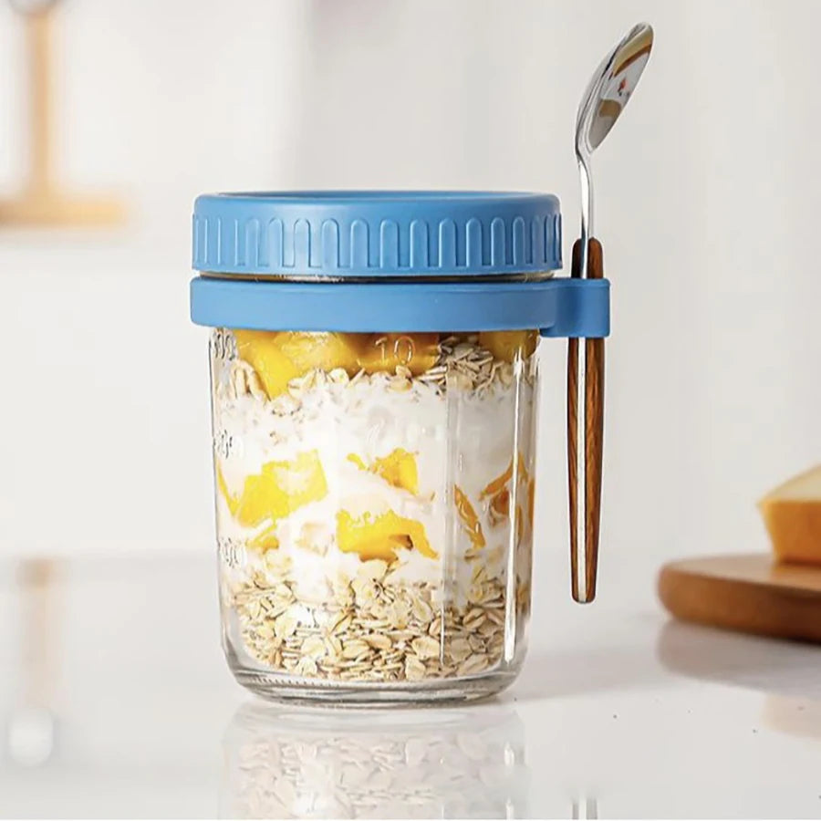 Glass Oatmeal Cup Overnight Oats Container Lid Spoon Cereal Milk Qme Blue