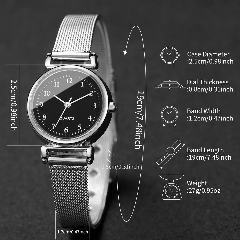 4 pçs/set moda pequeno mostrador relógios femininos senhoras malha banda analógico relógio de pulso de quartzo reloj mujer Qme
