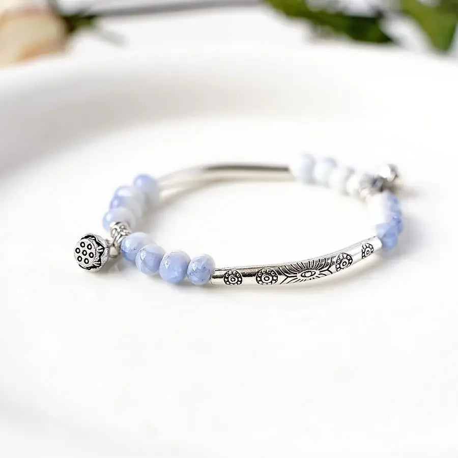 Cute Creative Lotus Handmade Ceramic Forest Bracelet National Style Pendant Classic Chinese Style Bracelet Wholesale Qme Light blue
