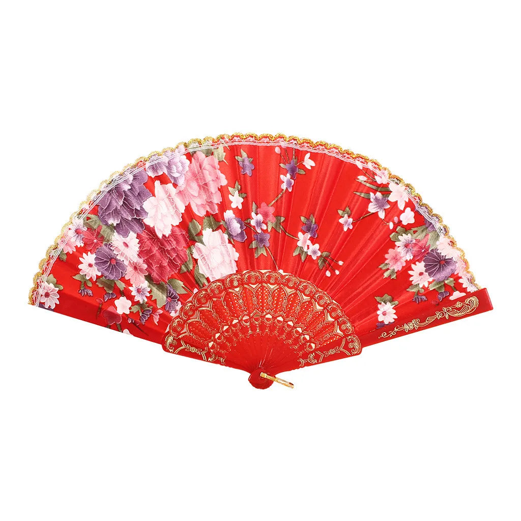Best Dance Wedding Party Lace Silk Folding Hand Held Flower Fan Multi Color Patterned Plastic Folding Fan Dance Fan Qme