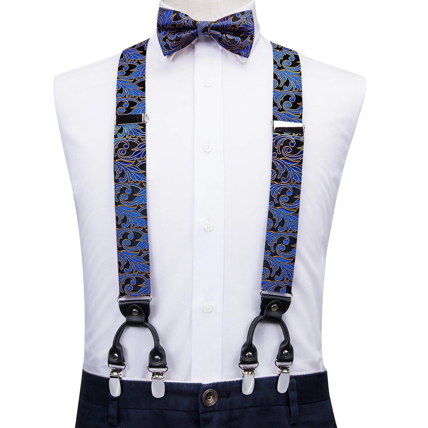Silk Woven Mens Suspenders Bow Tie Hanky Cufflinks Strength 6 Clips Qme BD-3048