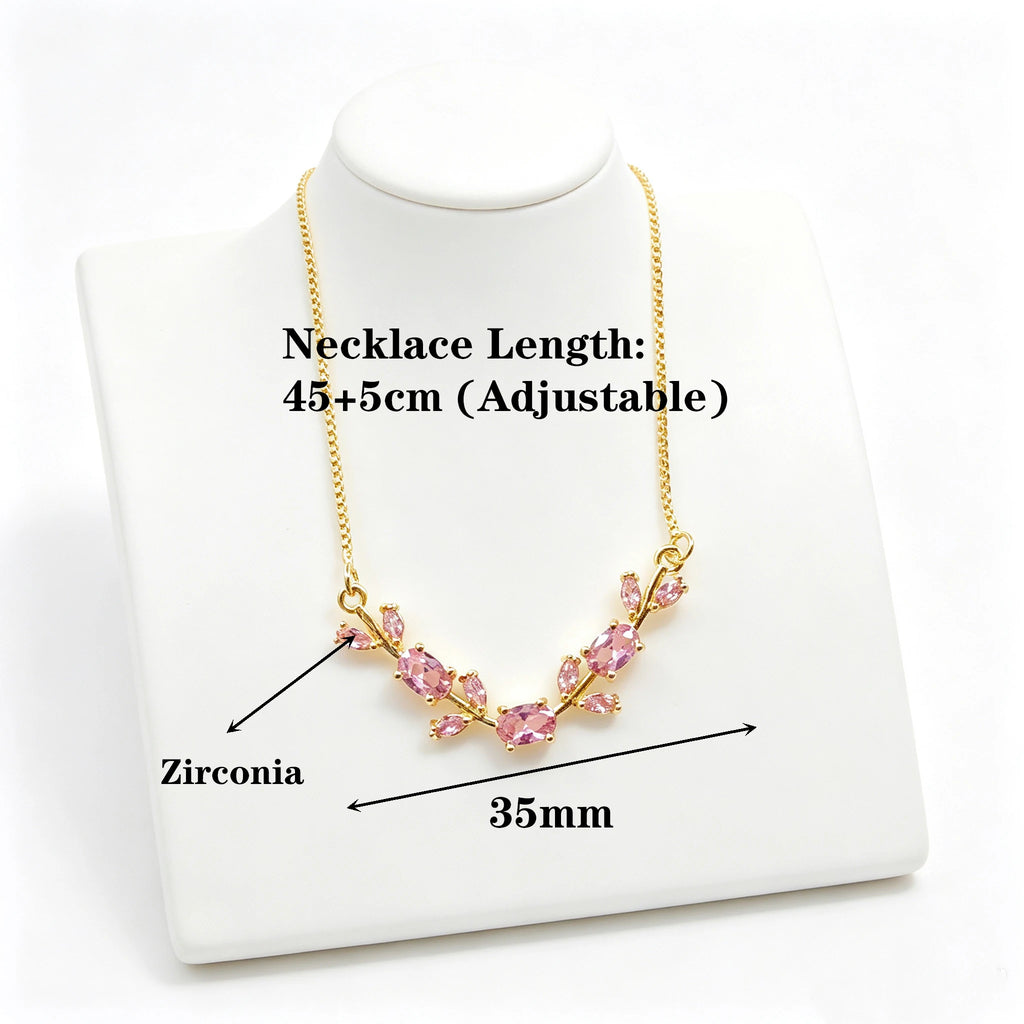 Light Luxury Pink Green Rhinestone Tulip Leaf Vine Flower Necklace Temperament Clavicle Chain Fashion Party Jewelry for Women Qme