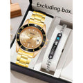 1 pcs of steel strip men's watch quartz watch fashion alloy men's watch gold and 1 pcs of crown bracelet Qme Golden set