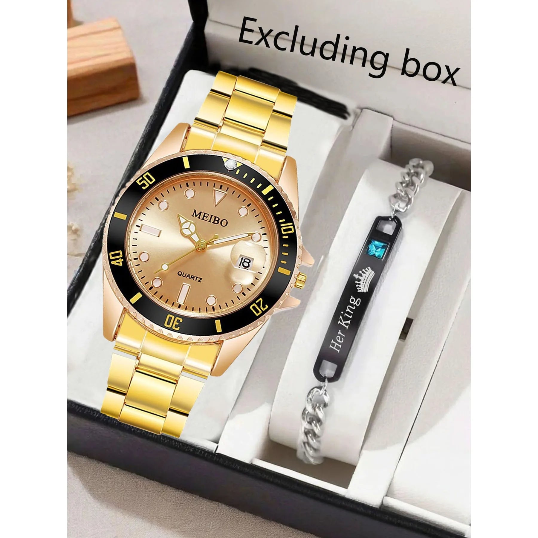 1 pcs of steel strip men's watch quartz watch fashion alloy men's watch gold and 1 pcs of crown bracelet Qme Golden set