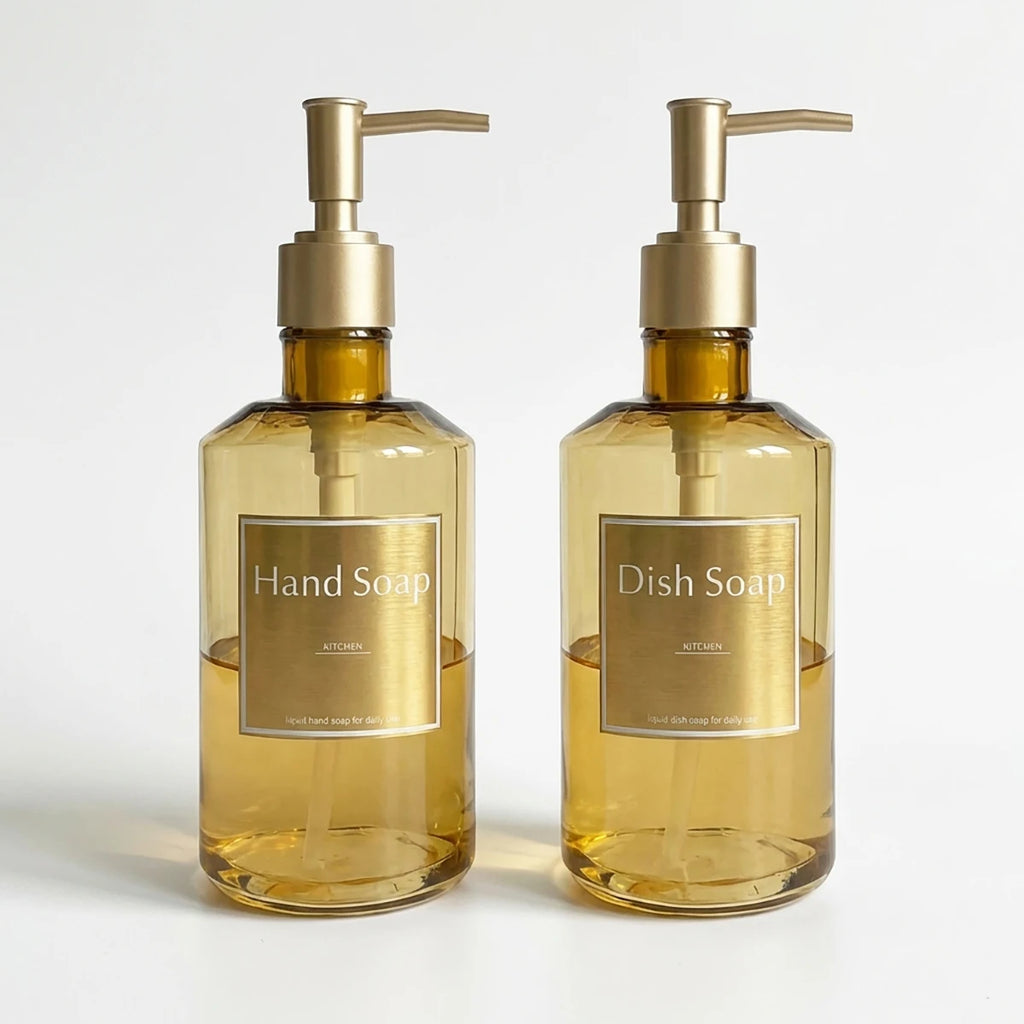 2PCS/SET Kitchen Counter Hand Soap Dispenser, Refillable Dish Soap Bottles with Gold Labels, 500ML/16.9OZ Reusble Pump Bottle Qme gold