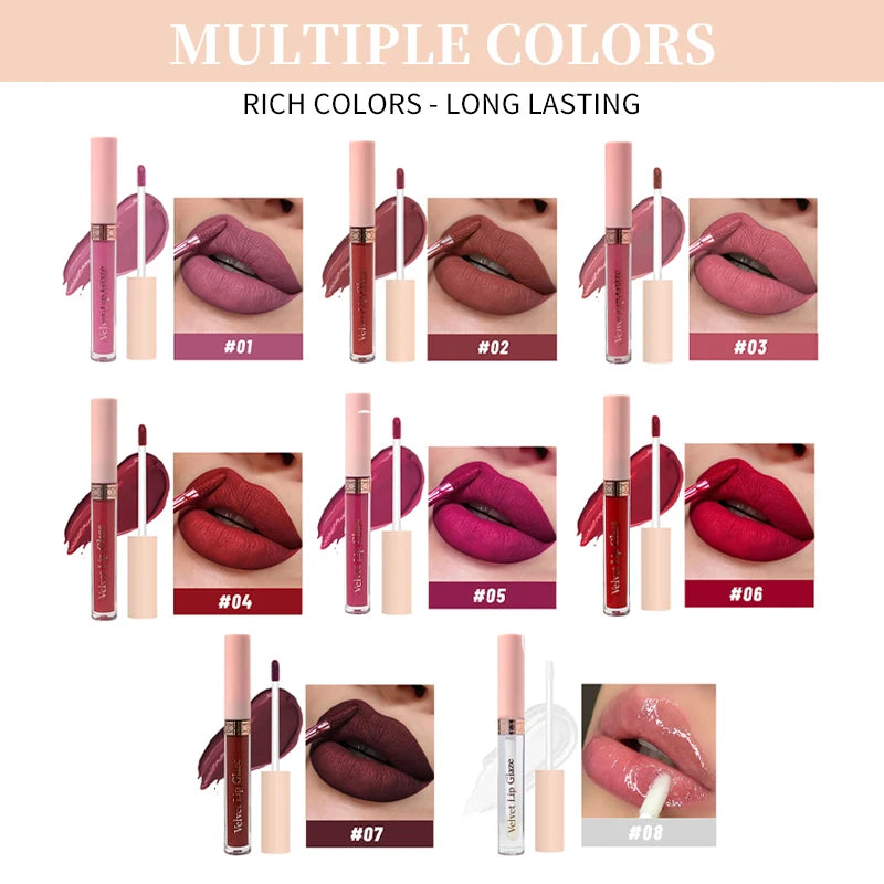 8 Colors Matte Lip Gloss One Swipe Pigment Long Lasting Non-stick Cup Qme