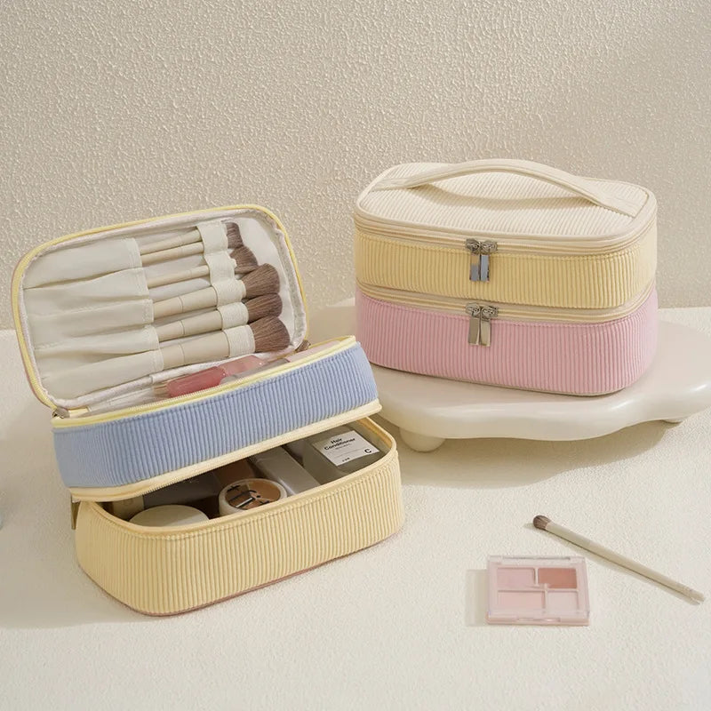 A New double-layer makeup bag, corduroy travel partition makeup brush storage bag, handheld large capacity toiletry bag Qme