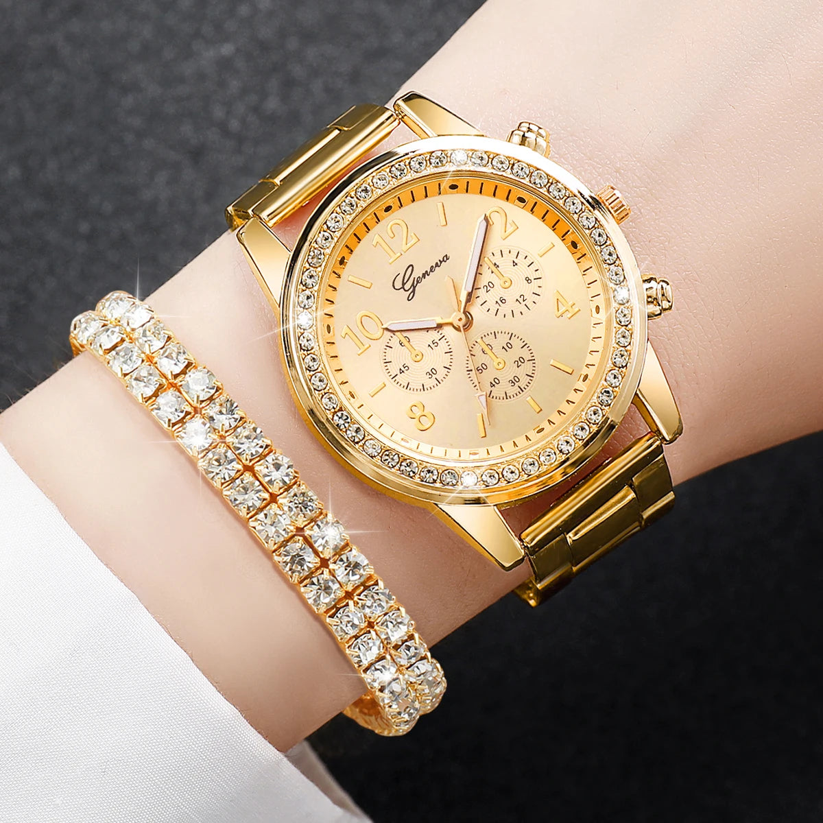 Relógios de pulso de quartzo com strass para mulheres, pulseira de aço dourado, pulseira de diamante sem caixa, fashion, 2PCs Qme