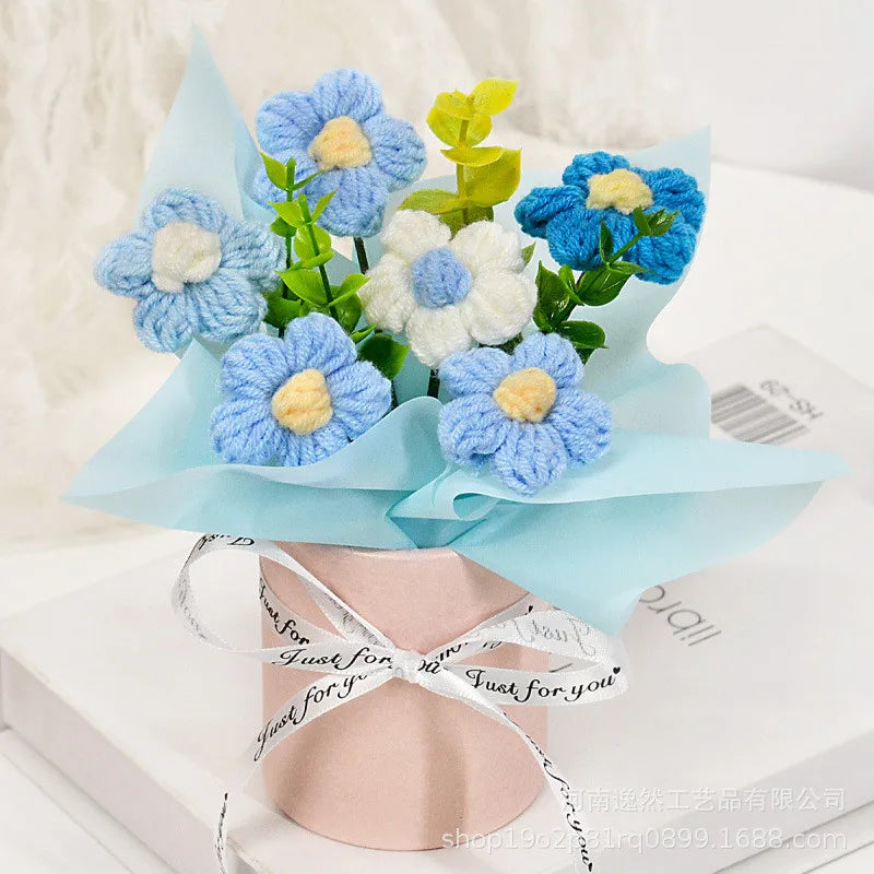 Handmade Crochet Tulip Bouquets, Knitted Tulip Bouquets, Mother's Day Birthdays, Weddings, Christmas, DIY Decorations Qme Blue-1pc