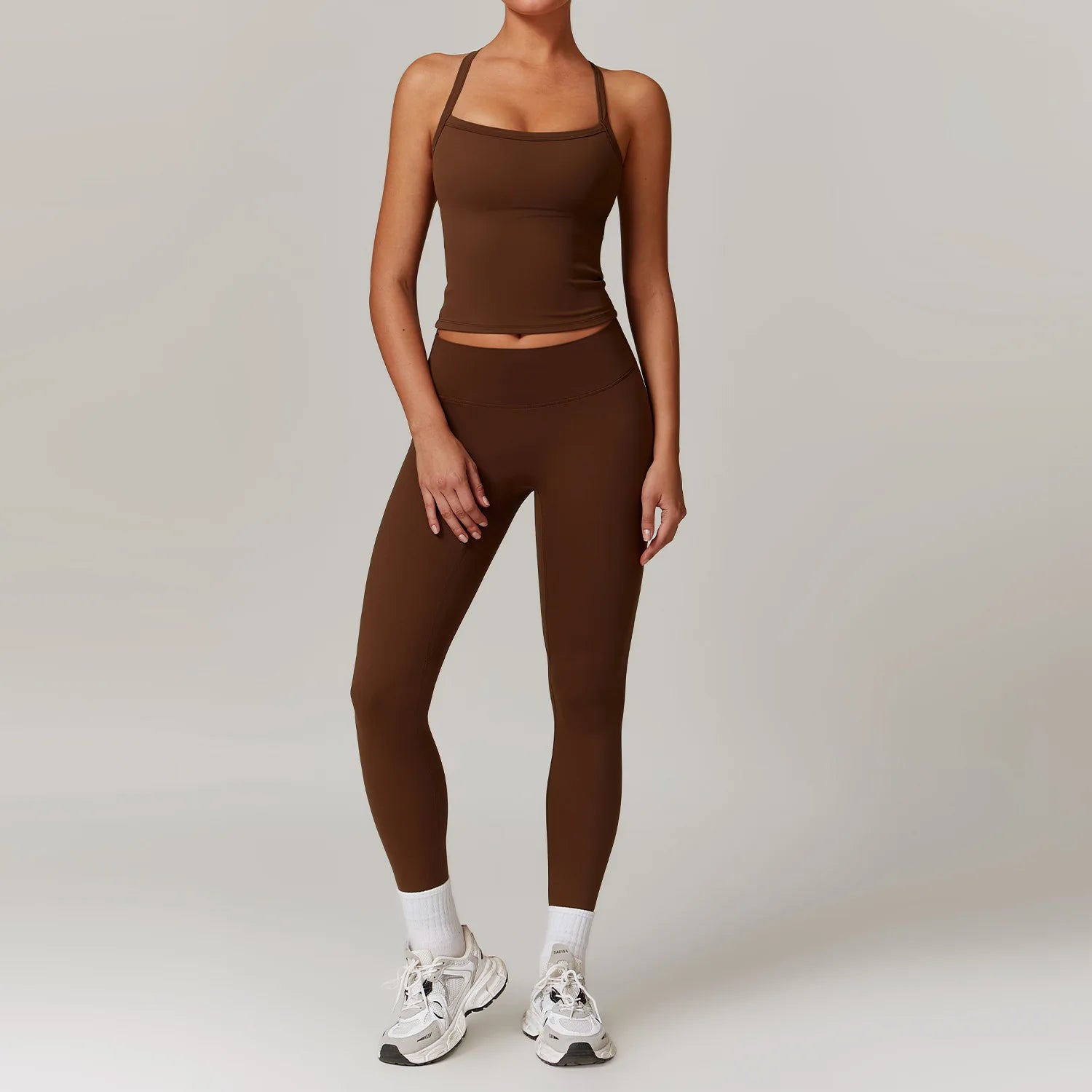 A 2PCS Yoga Suit Sports Set Gym Set Women Tracksuit Running Workout Clothes Long Sleeve Sports Bra Athletic Wear Yoga Clothing Qme 2pcs brown1 L