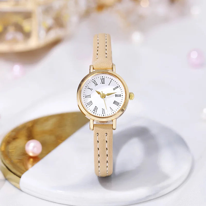 Delicate Retro Roman Numeral Small Round Gold Watch with Soft Leather Band for Daily Wear Qme Beige