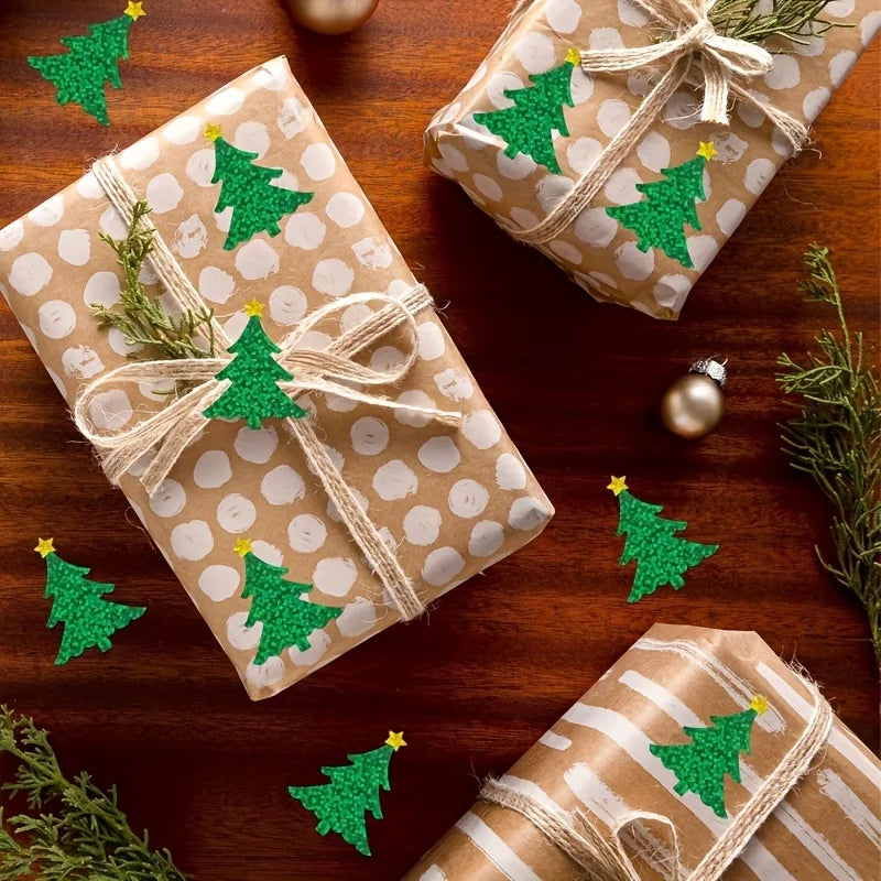 1000 sheets/2 rolls mixed Christmas sticker roll, laser green Christmas tree plus red Christmas hat self-adhesive sticker roll Qme