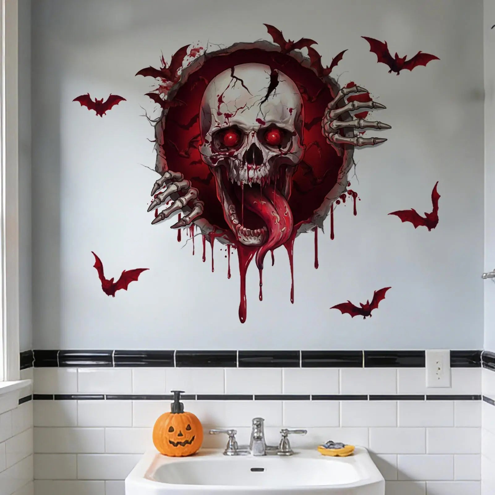 Halloween Wall Decals Waterproof Peel Stick Removable Bloody Skull Qme