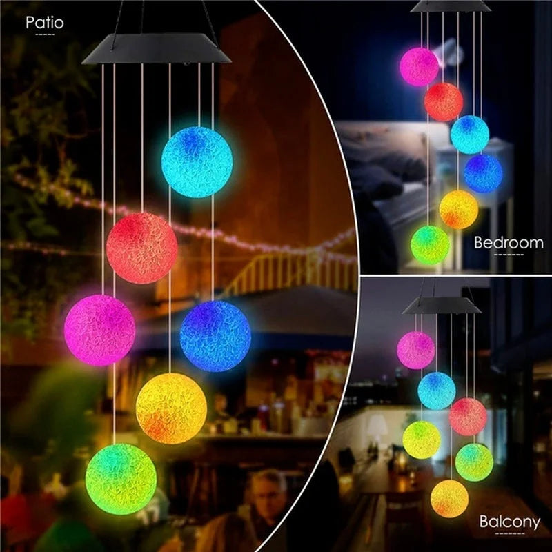 LED Solar Wind Chime Crystal Ball Hummingbird Light Changing Qme