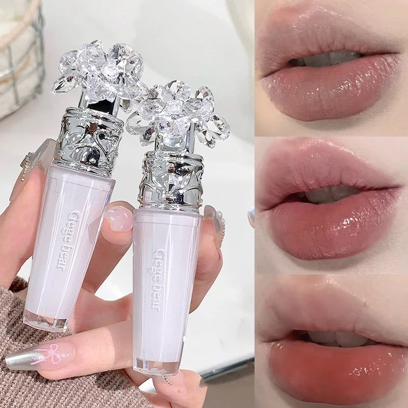 Transparent Crystal Flower Liquid Lipstick Cream Water Matte Grey Pink Lip Glaze Mud Waterproof Nude Almond Brown Tint Makeup Qme