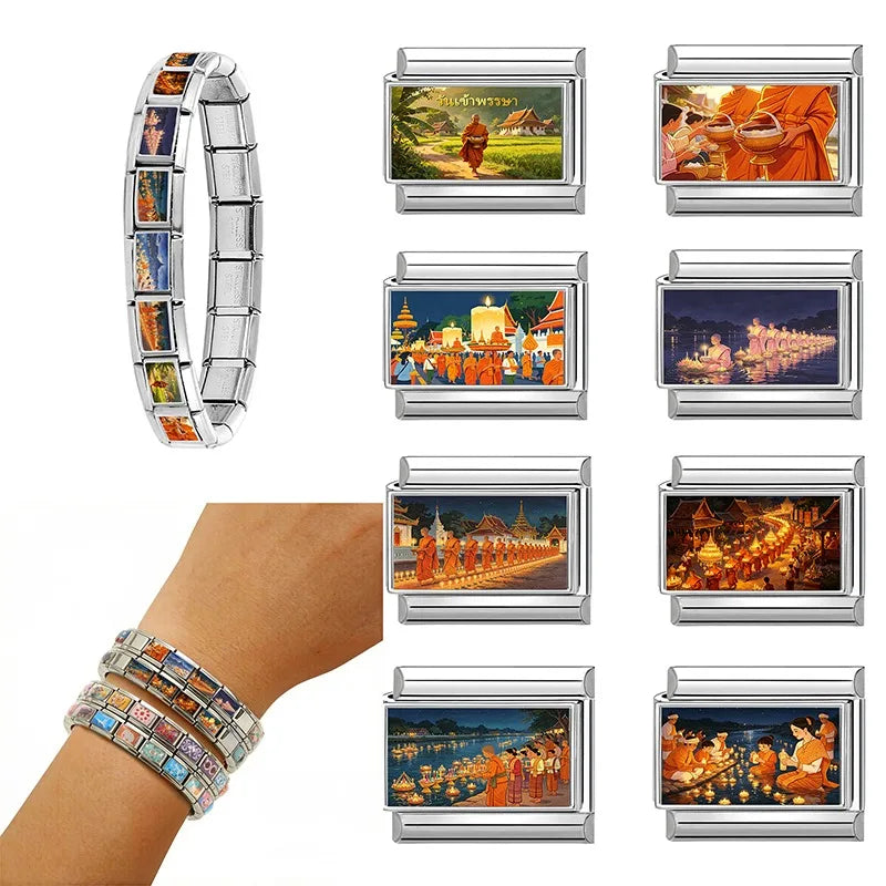 Floating Water Lanterns offer sacrifices Buddhist Lent Charms Italian Links Fit 9mm Bracelet Stainless Steel DIY Making Jewelrys Qme