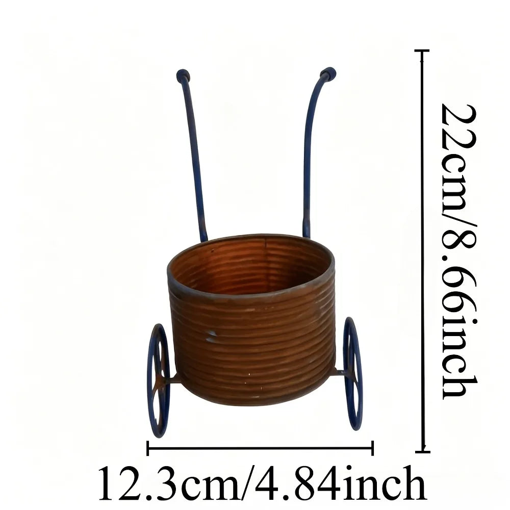 Rustic Iron Wrought Small Trolley Planter Distressed Four-leaf Clover Wheeled Flower Pot Creative Decorative Piece for Balcony Qme Cart-style planter