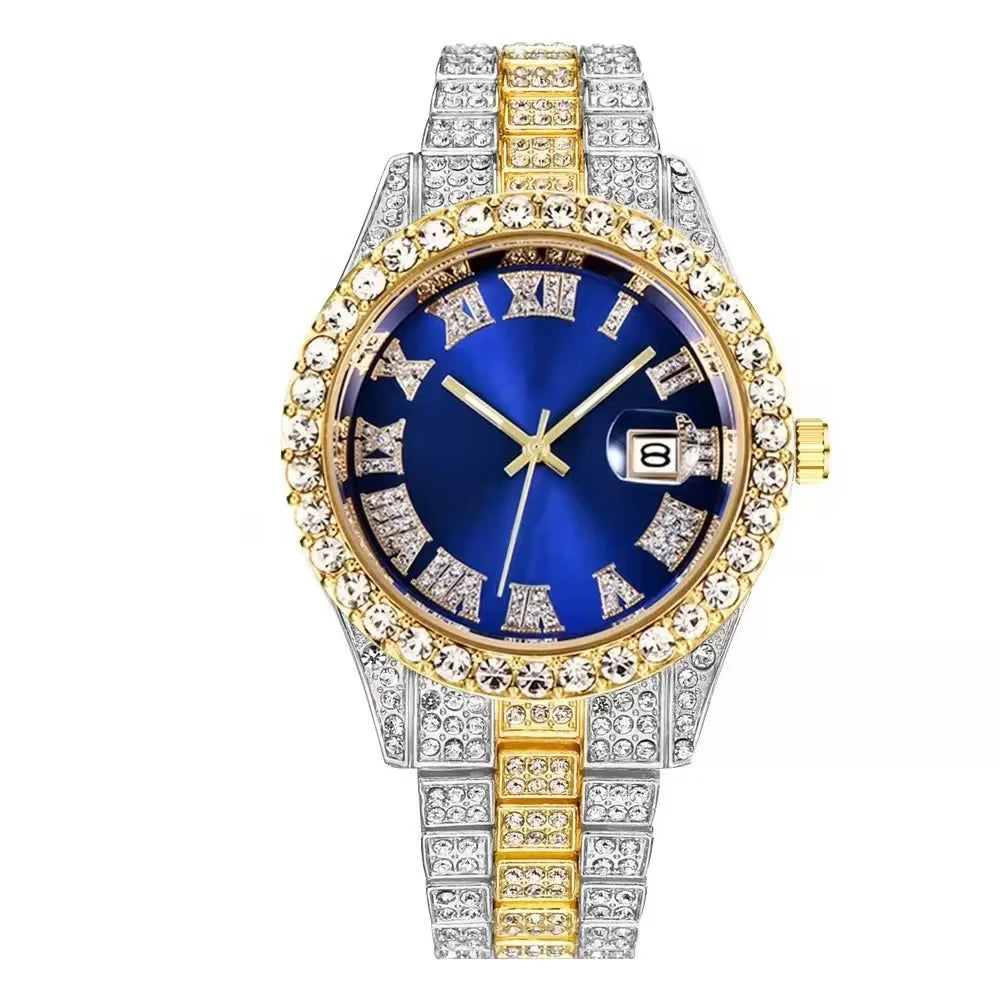 A08095-2 Full Faux Diamond Iced Out Steel Strap Large Dial Quartz Watch Hip Hop Watch Qme SKY BLUE No