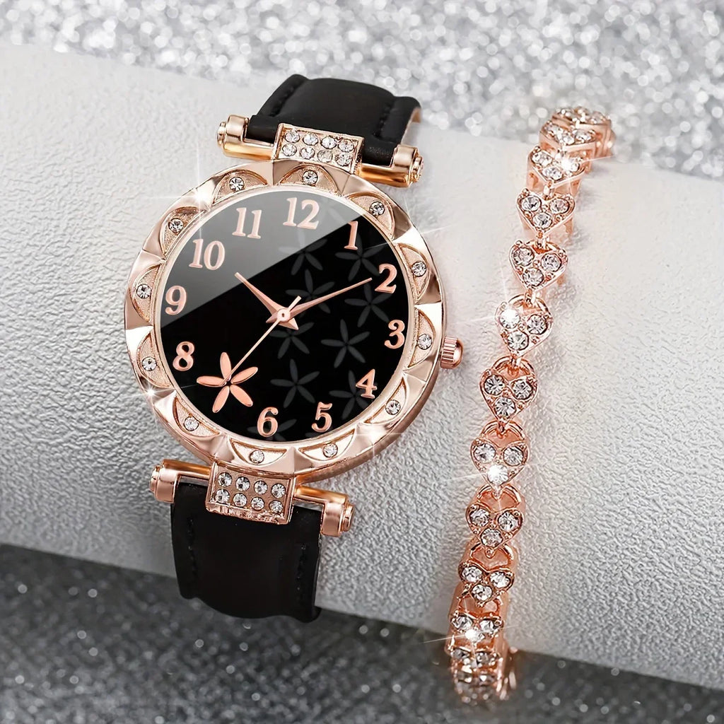 2pcs/set Women's Flower Rhinestone Fashion Quartz Watch Analog PU Leather Wrist Watch & Bracelet, Gift For Mom Her Qme