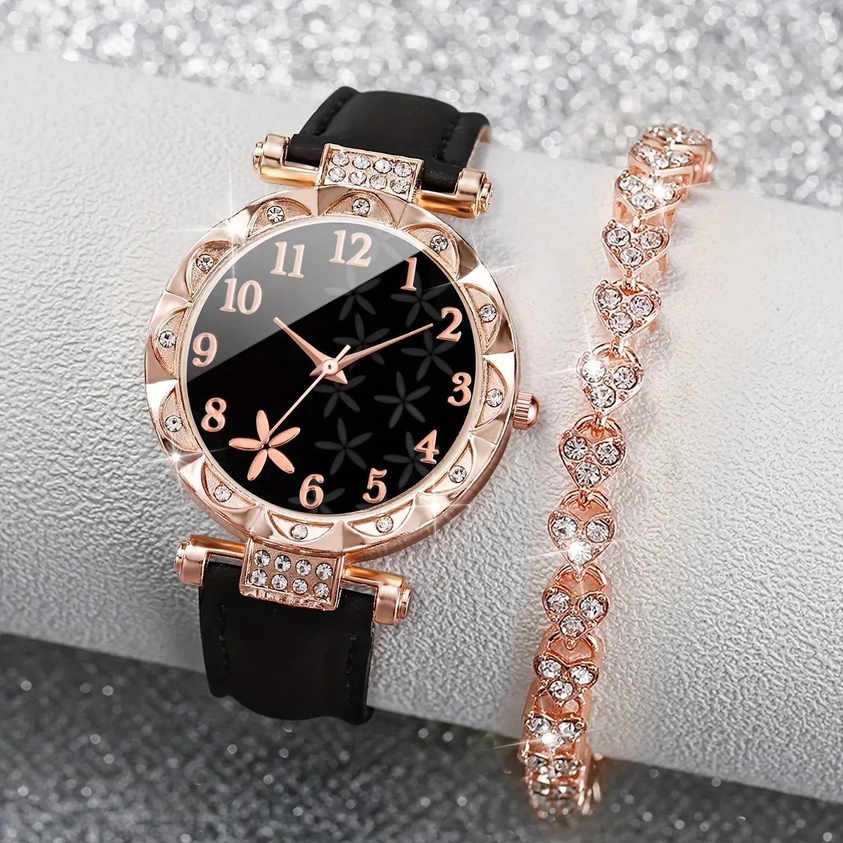 2pcs/set Women's Flower Rhinestone Fashion Quartz Watch Analog PU Leather Wrist Watch & Bracelet, Gift For Mom Her Qme