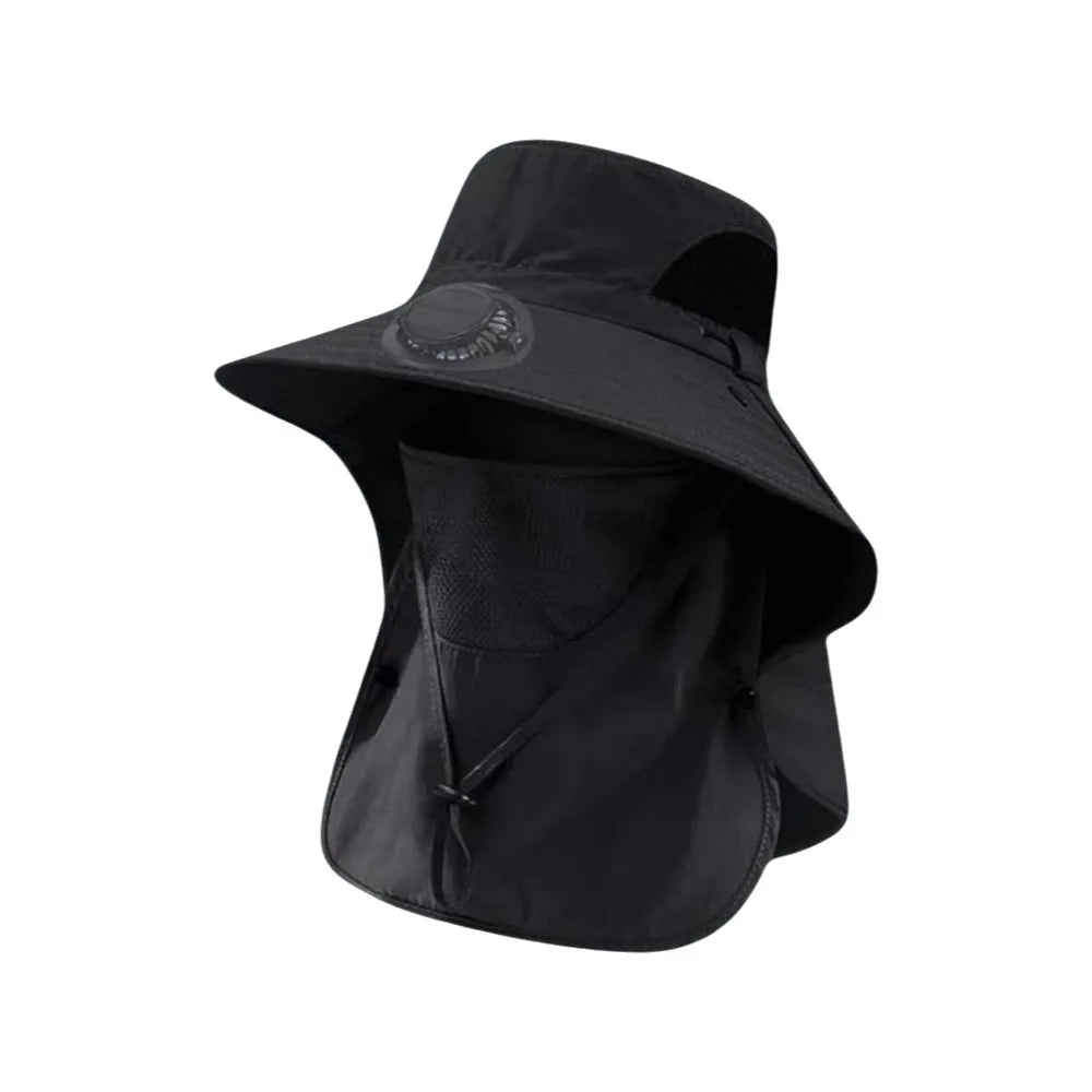 Portable Solar Rechargeable Fan Hat Adjustable Shawl Fishing Sun Qme Black
