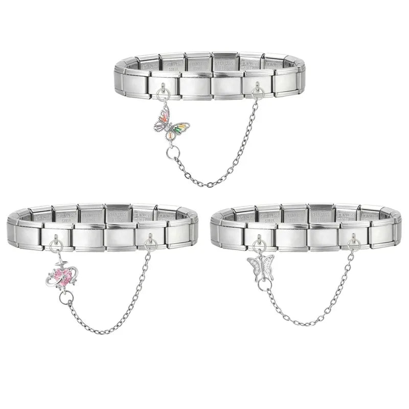 Zircon Heart Planet Butterfly Peach Tassel Chain Italian Charm Links Fit 9MM Stainless Steel Bracelet Women DIY Making Jewelry Qme