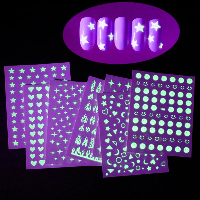 1 Sheet Glow Dark Nail Art Sticker Snowflake Flame Old English Qme