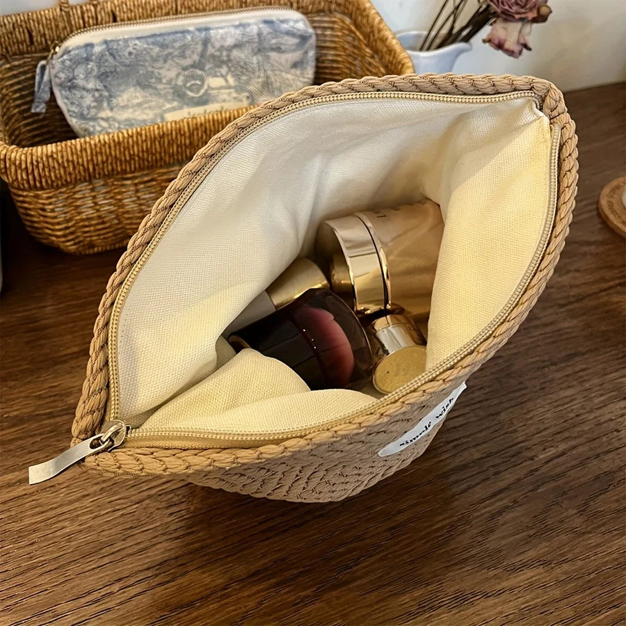 Nordic Style Embossed Weave Makeup Storage Bag Soft Fabric Cosmetic Pouch Portable Travel Toiletry Organizer Purse Qme