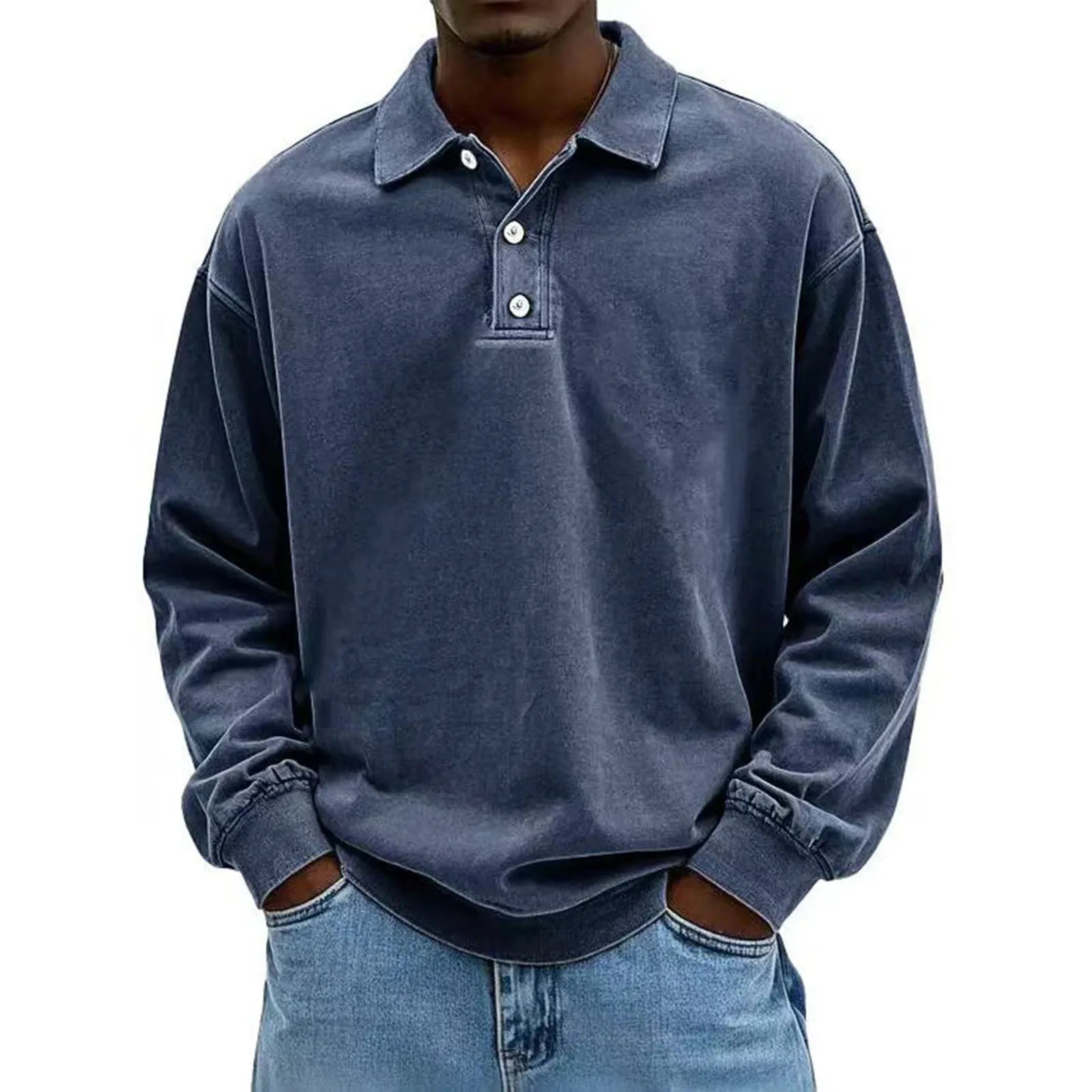 Men's Baggy Korean Style Leisure Daily Versatile Long Sleeves Flip Collar Pullover Shirt Fashion Solid Color Button Hoodies Qme Navy M