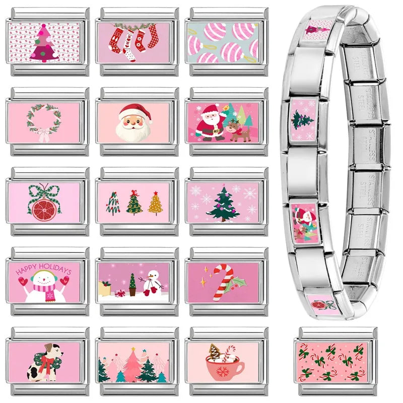 2025 Original Pink Christmas Tree Snowman Xmas Elk Wreath Sock Santa Claus Italian Charm Fit9mm Stainless Steel Bracelet Jewelry Qme