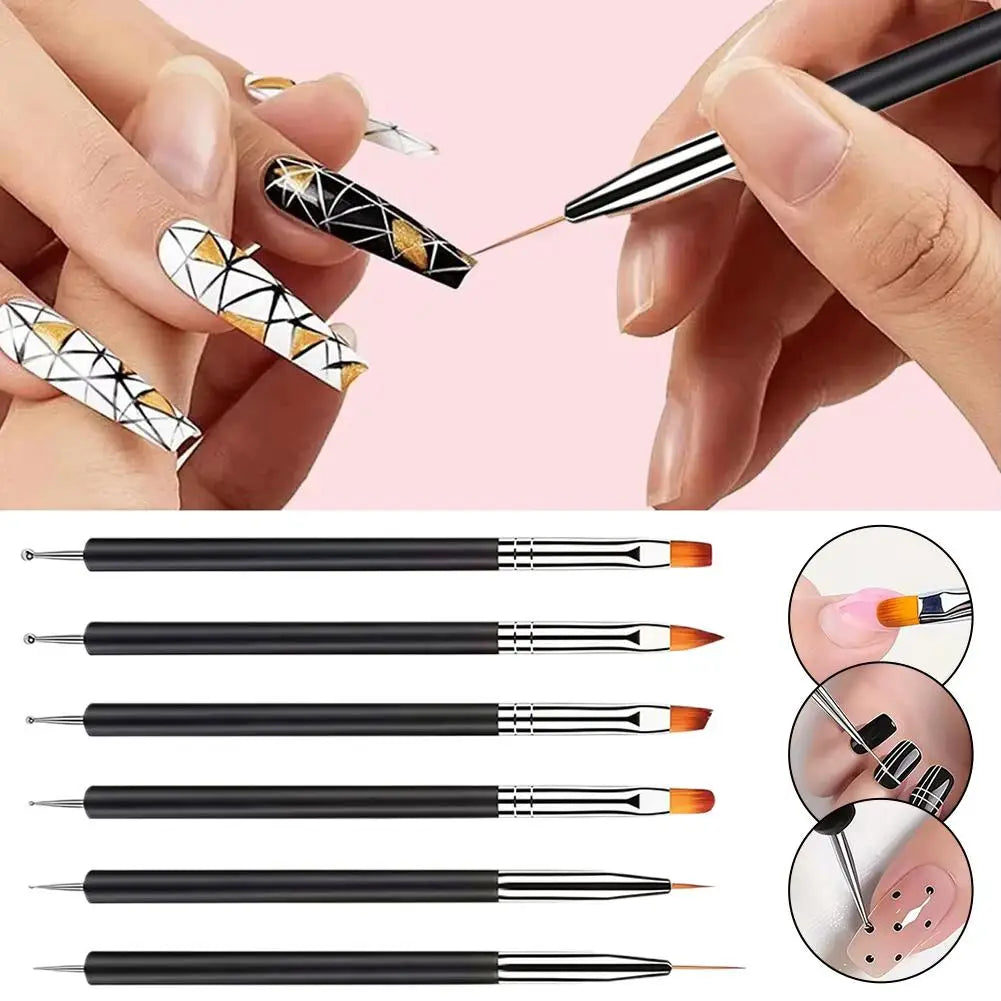 6Pcs Black Multi-Function Nail Art Brushes Set Dotting Line Flat Round Head For DIY Professional Gel Nail Polish Manicure Tools Qme