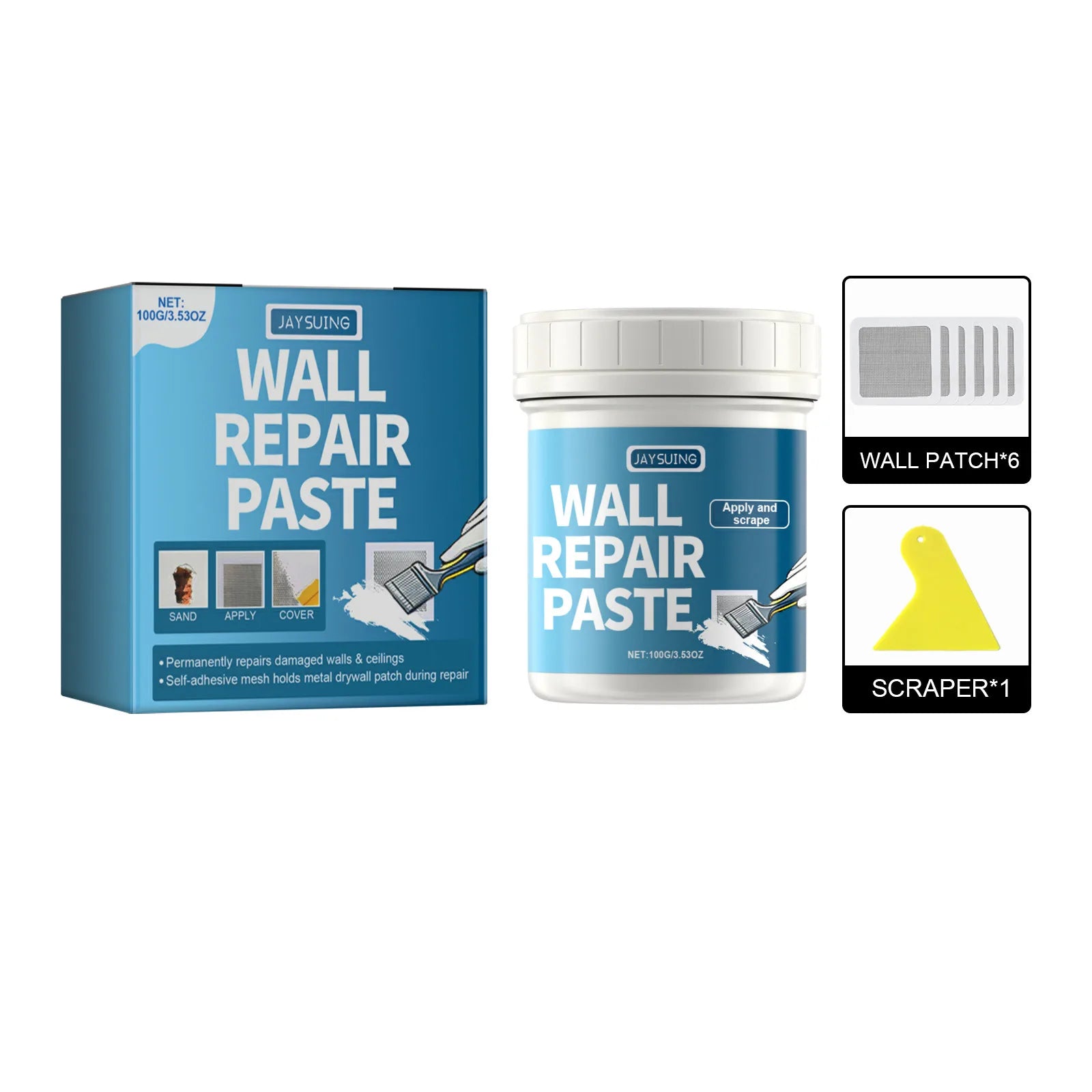 Jaysuing White Wall Repair Paste Quick-Drying Mouldproof Home Renovation Paint for Holes Peeling Gaps Drywall Mending Kit Qme 100g Boxed Kit 1