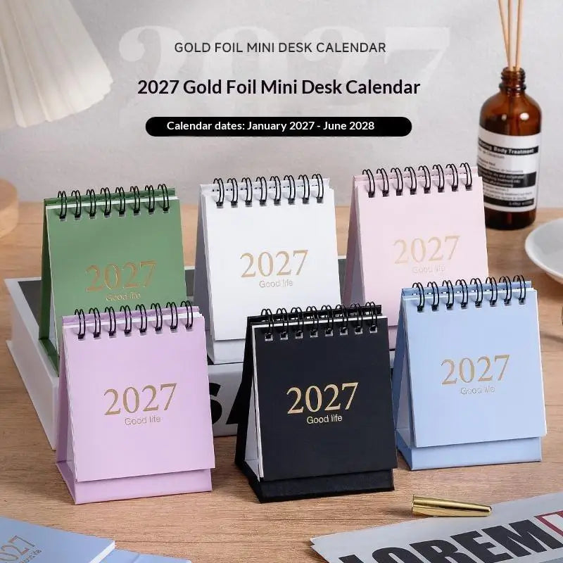 Mini 2027 Desktop Calendar Exquisite Spiral Bound Gold Foil Small Qme