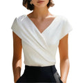 Fashion Short Sleeve V-neck Wrap Pleated Pullovers T-shirt Summer Qme White XXL