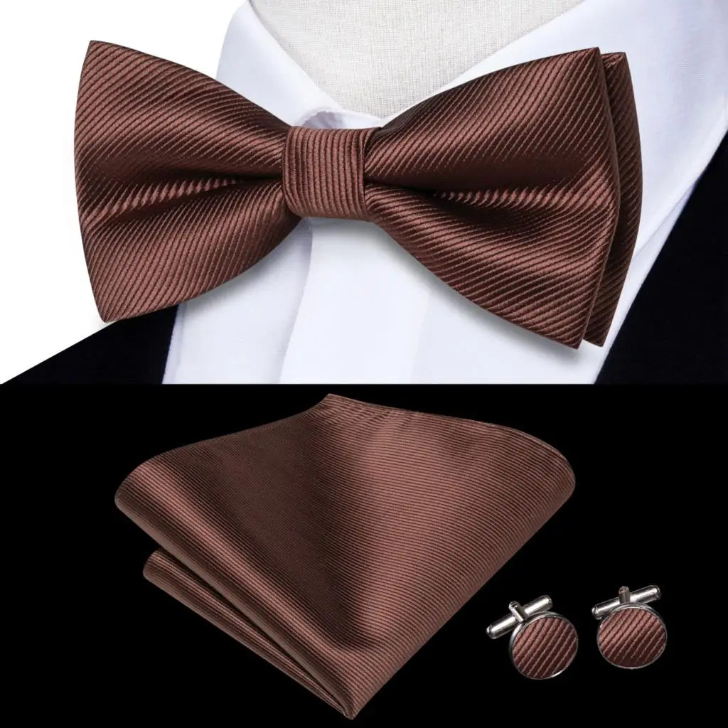 Beige Champagne Gold Mens Bow Tie Hanky Cufflinks Set Jacquard Floral Pre Tied Butterfly Bowtie for Male Wedding silk Business Qme LDLH2503